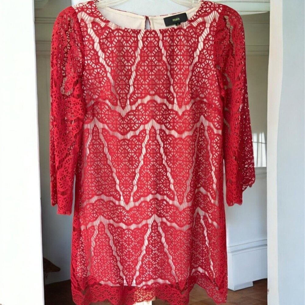 Maia Womens Designer Red Lace Scalloped Edge Shift Dress Lined Crochet NEW 2 - Picture 7 of 10
